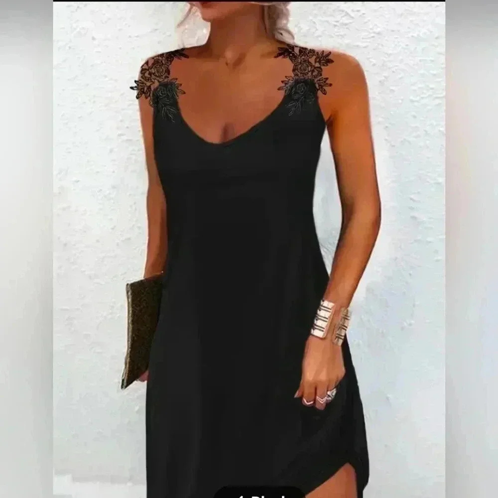 Solid Black Lace Spliced Cami Dress XL